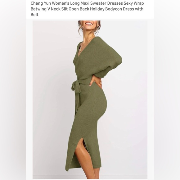 Olive green fitted V neck sweater dress - Picture 3 of 10